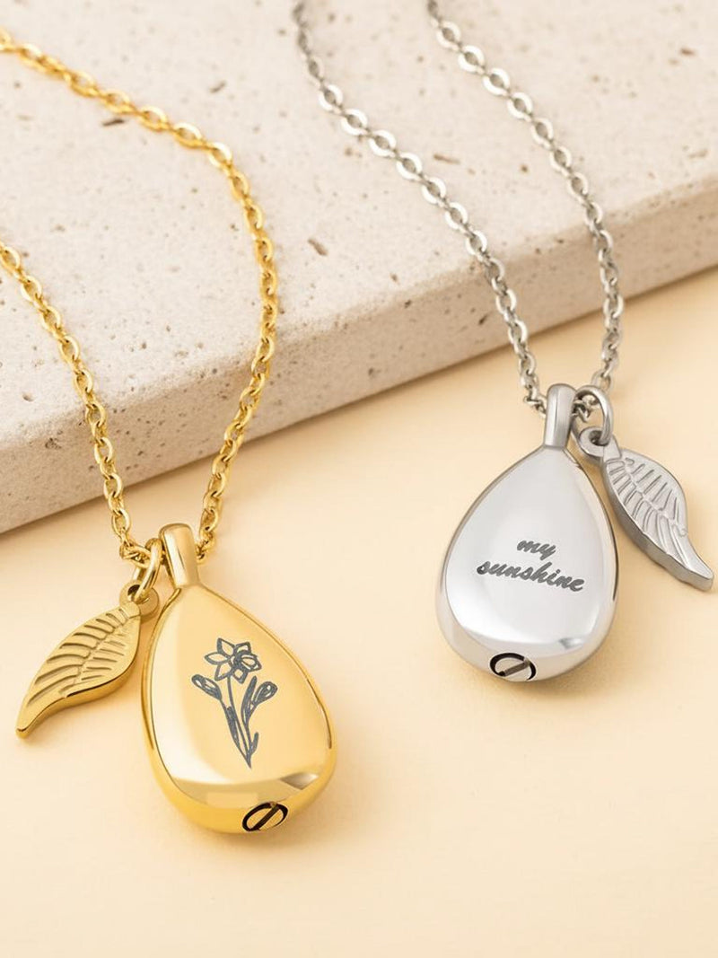 Custom Engraved Birth Flower Teardrop Urn Necklace Personalized Cremation Ashes Pendant Silver Rose Gold Memorial Keepsake Gift Her Pet sympathy flower