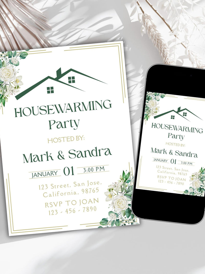 Greenery Housewarming Invitation Template, Editable Housewarming Party Invite, Modern Botanical Home Celebration, Digital Download BTS33 house warming flower