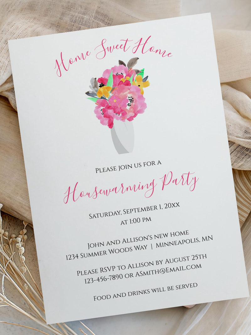 Editable Pink Watercolor Floral Bouquet Housewarming Invitation, 5x7 Digital Template, 0111 house warming flower
