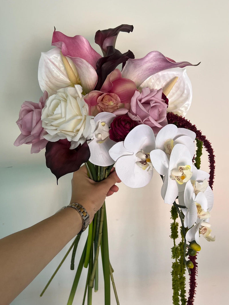 Pink White Burgundy Calla Lily Rose Orchid Anthurium Amaranthus Silk flower bouquet Bouquet