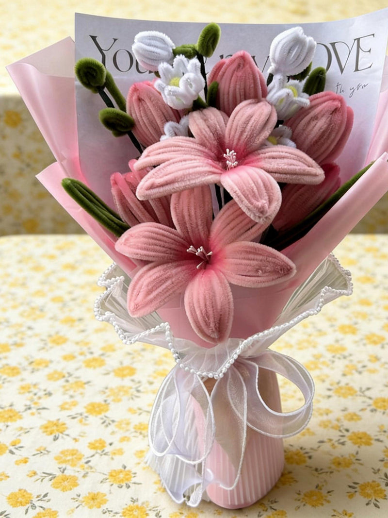 Large Pink Tulip Bouquet, Handmade Chenille Stem Flowers, Blooming & Bud Stems, Lace Wrap Gift for Mom, Twisted Gift for Girlfriend Birthday ANNIVERSARY