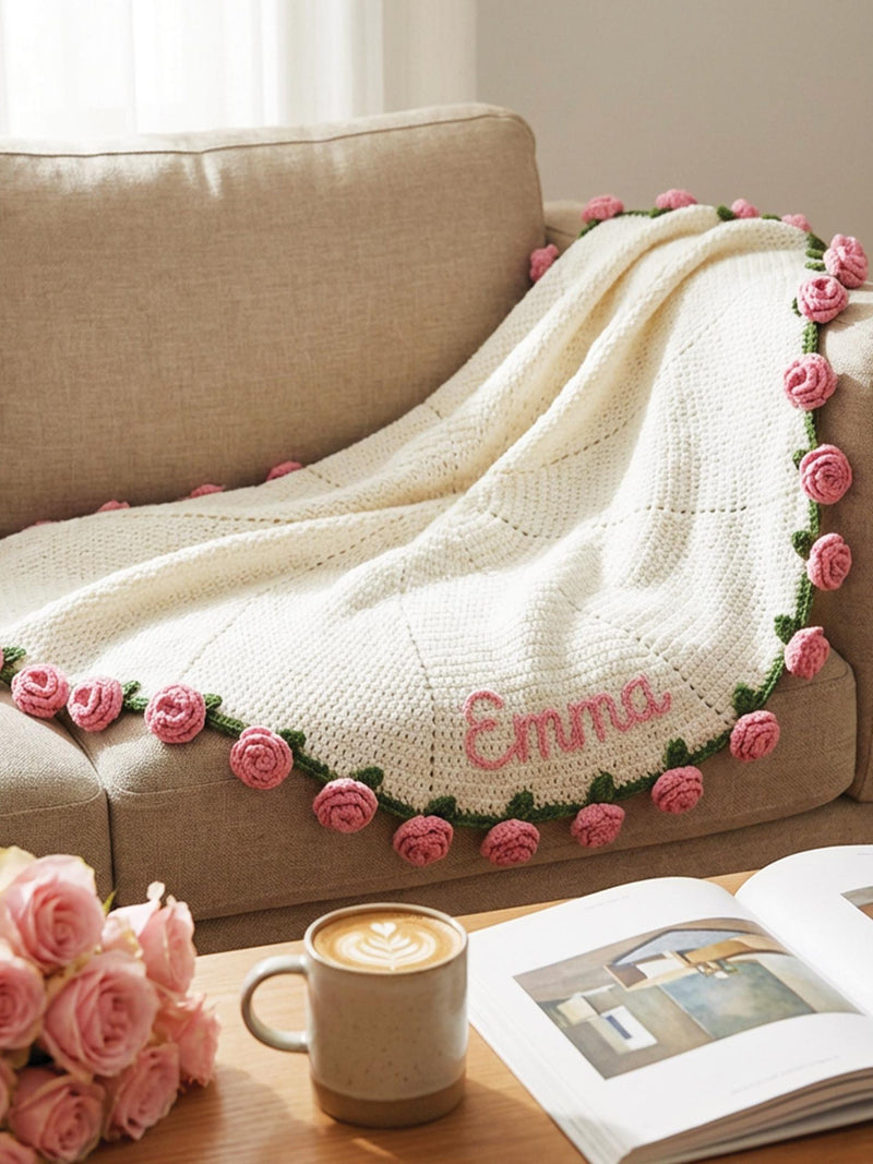 Personalized Crochet Rose Bouquet Blanket with Name Ð Knitted Flower Bouquet Throw, Custom Embroidered Blanket, Birthday & MotherÕs Day Gift birthday flower