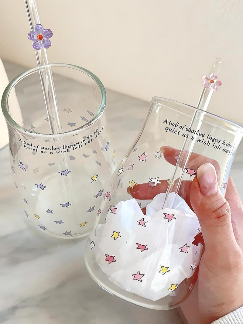 Star Glass Cup with Flower Straw, 16oz Iced Coffee Tumbler,   Gift for Her house warming flower