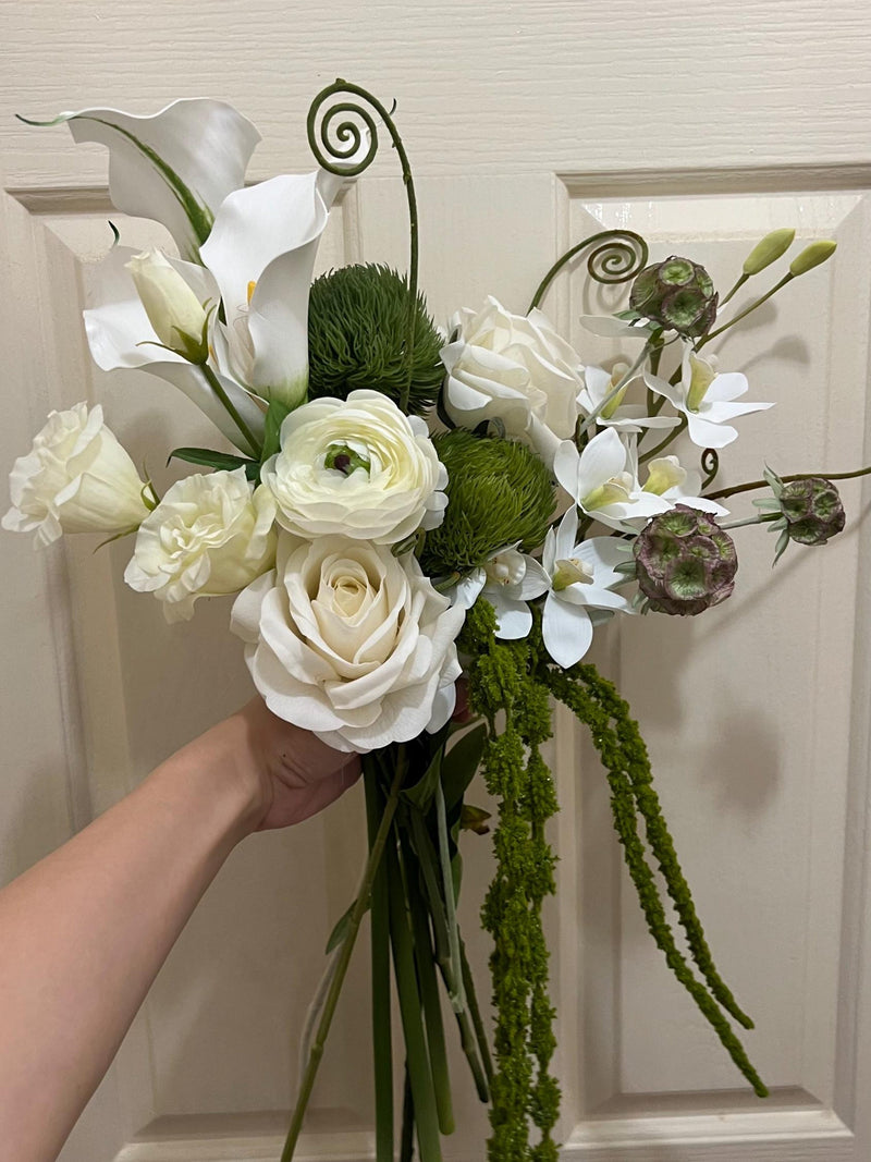 Green white modern bouquet, dianthus green ball, star flower scabious seed pod, fiddlehead fern, roses, ranunculus, lisianthus, amaranthus Bouquet