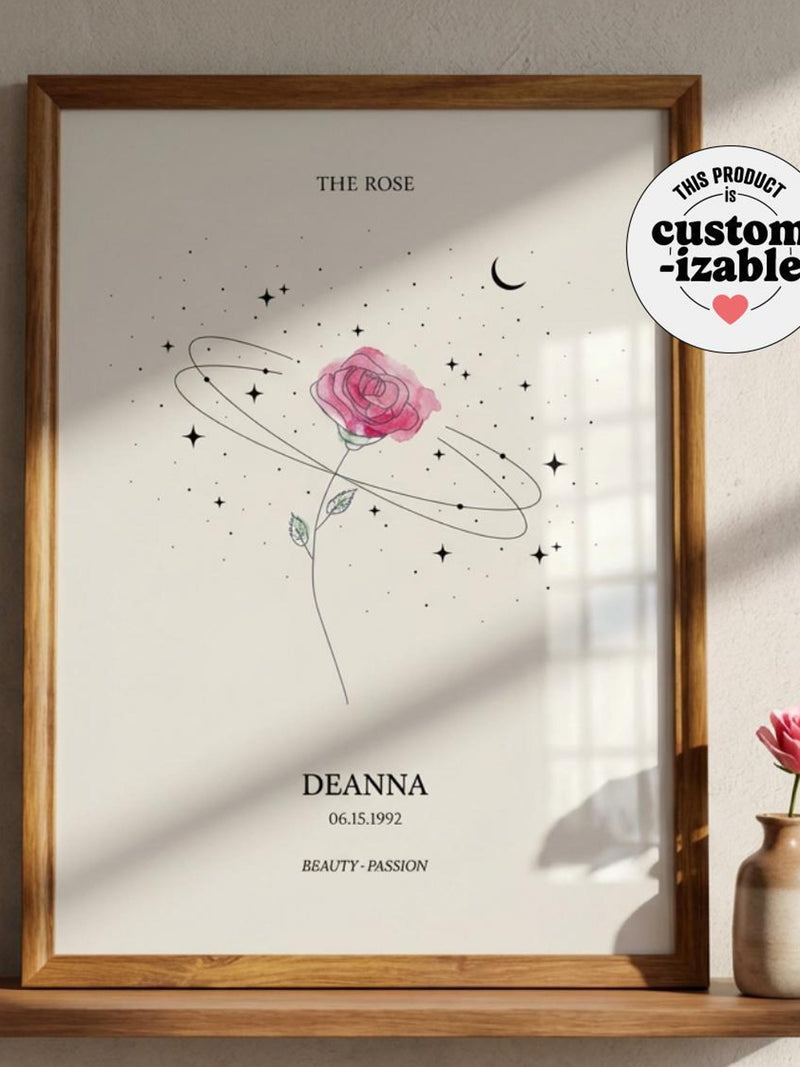 Personalized Birth Flower Print, MotherÕs Day Gift, Celestial Watercolor Birthday Gift birthday flower