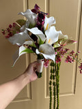 Simple calla lily bouquet, Minimalist White Calla Lily Wedding Bouquet, white burgundy moody bouquet, pink green anthurium and  amaranthus Bouquet