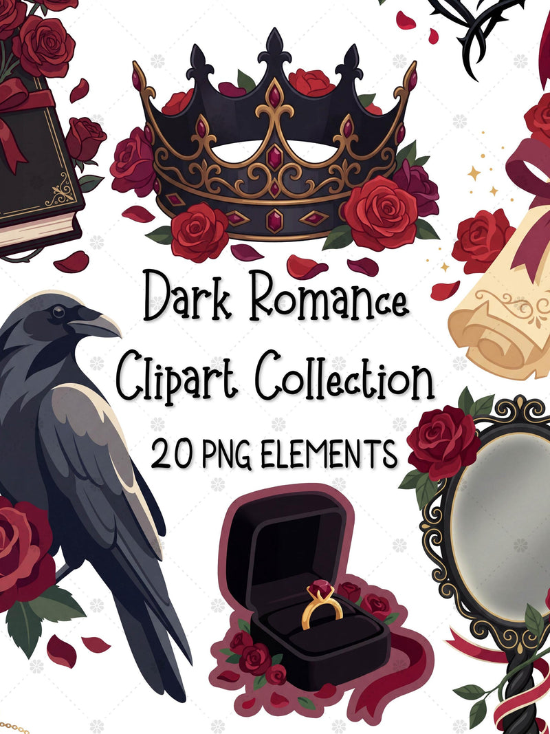 Dark Romance Clipart Collection, Bookish PNG Bundle, Red Roses Gothic Books, Romantic Stickers, Commercial Use, Dark Romance Graphics Love Romance Flower