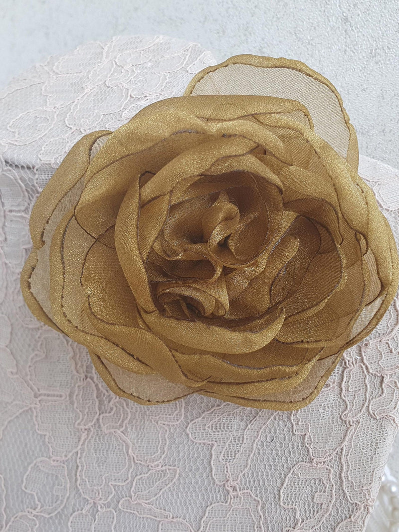 Antique Gold Organza Flower Brooch: Gold Fabric Flower Corsage Pin, Floral Hair Clip, Wedding Brooch, Prom silk flower