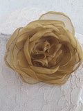 Antique Gold Organza Flower Brooch: Gold Fabric Flower Corsage Pin, Floral Hair Clip, Wedding Brooch, Prom silk flower