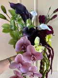 Lime green, Plum, Burgundy, White, Dusty Pink silk flower bridal bouquet: Cymbidium Orchid, Calla Lily, Amaranthus, Amthurium, Lisianthus Bouquet
