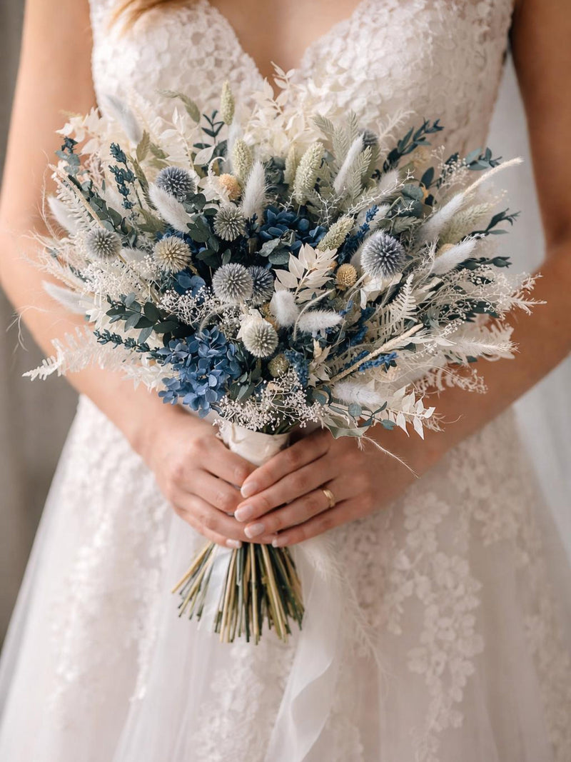 Blue globe, blue eucalyptus and pampas bridal bouquets and accompaniments Bouquet