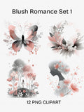 Blush Romance Clipart Set 1 | Pink & Grey Watercolour Love Illustrations | Romantic Women, Birds, Champagne | Wedding and Card Design PNG Love Romance Flower