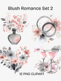 Blush Romance Clipart Set 2 | Pink & Grey Watercolour Love Illustrations | Romantic Scenes and Objects | Wedding and Card Design PNGs Love Romance Flower