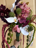 Mauve Burgundy Cymbidium Orchid dianthus ball bouquet, modern structural silk flower bouquet, calla lilies cascading orchid bridal flowers Bouquet