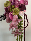 Pink Burgundy Moss Green Magenta Dusty pink cascading bridal bouquet, orchids, calla lilies, dahlias, ranunculus, roses and amaranthus Bouquet