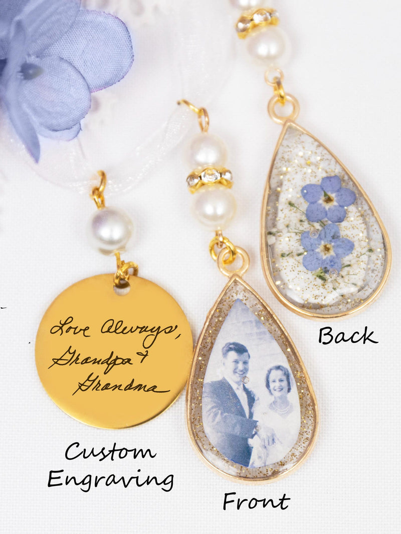 Personalized Photo Bouquet Charm, Custom Engraved Keepsake with Forget Me Nots sympathy flower
