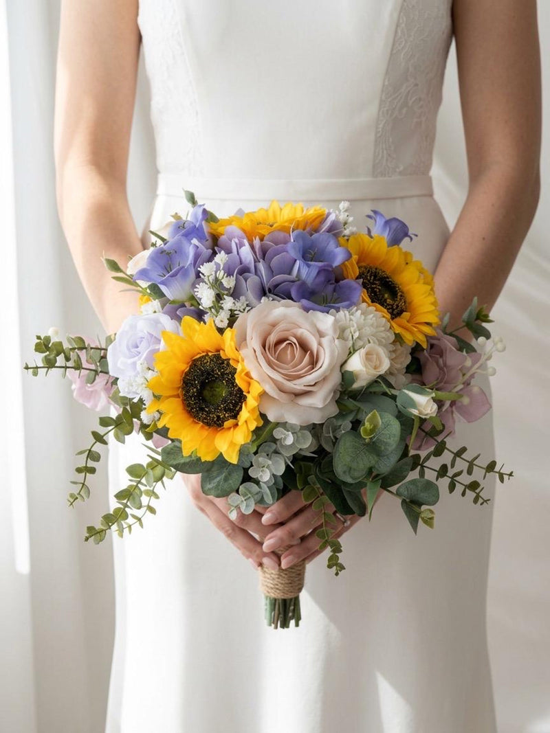 Sunflower Lavender Artificial Wedding Bouquet 14": Lavender Hydrangea, Blush Rose ,Bridal Bridesmaid Flowers Bouquet