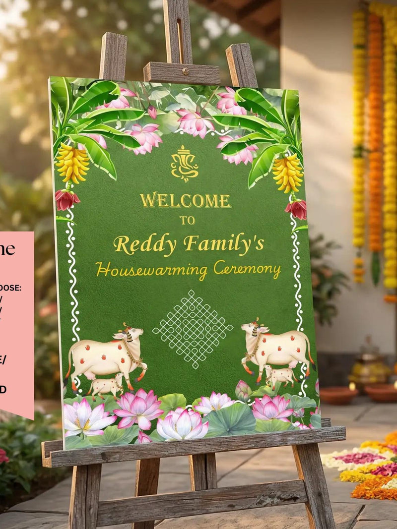 Personalized Griha Pravesh Welcome Sign: Kolam Pichwai Indian Housewarming (Digital Download), Made to order house warming flower