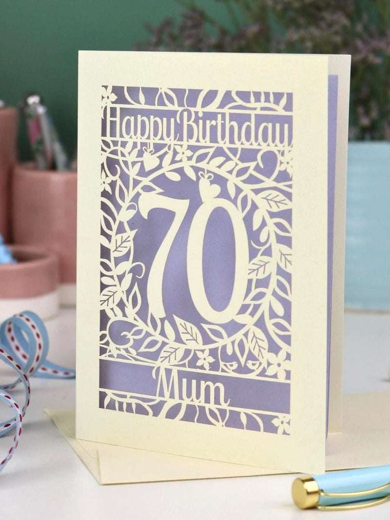 Personalised 70th Birthday Card Ð Laser Cut Flower Design birthday flower