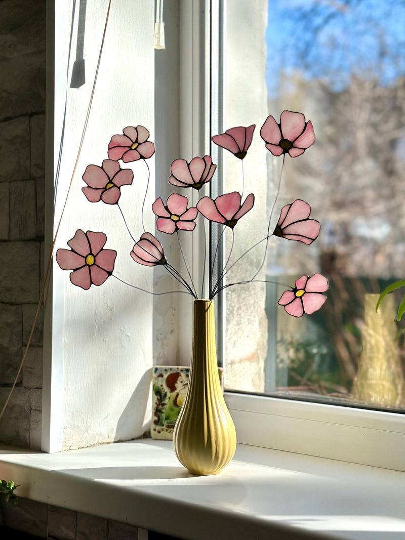 Pink Cosmos Stained Glass Flowers - Wildflower Bouquet in Tiffany Technique - Gift for Her ANNIVERSARY