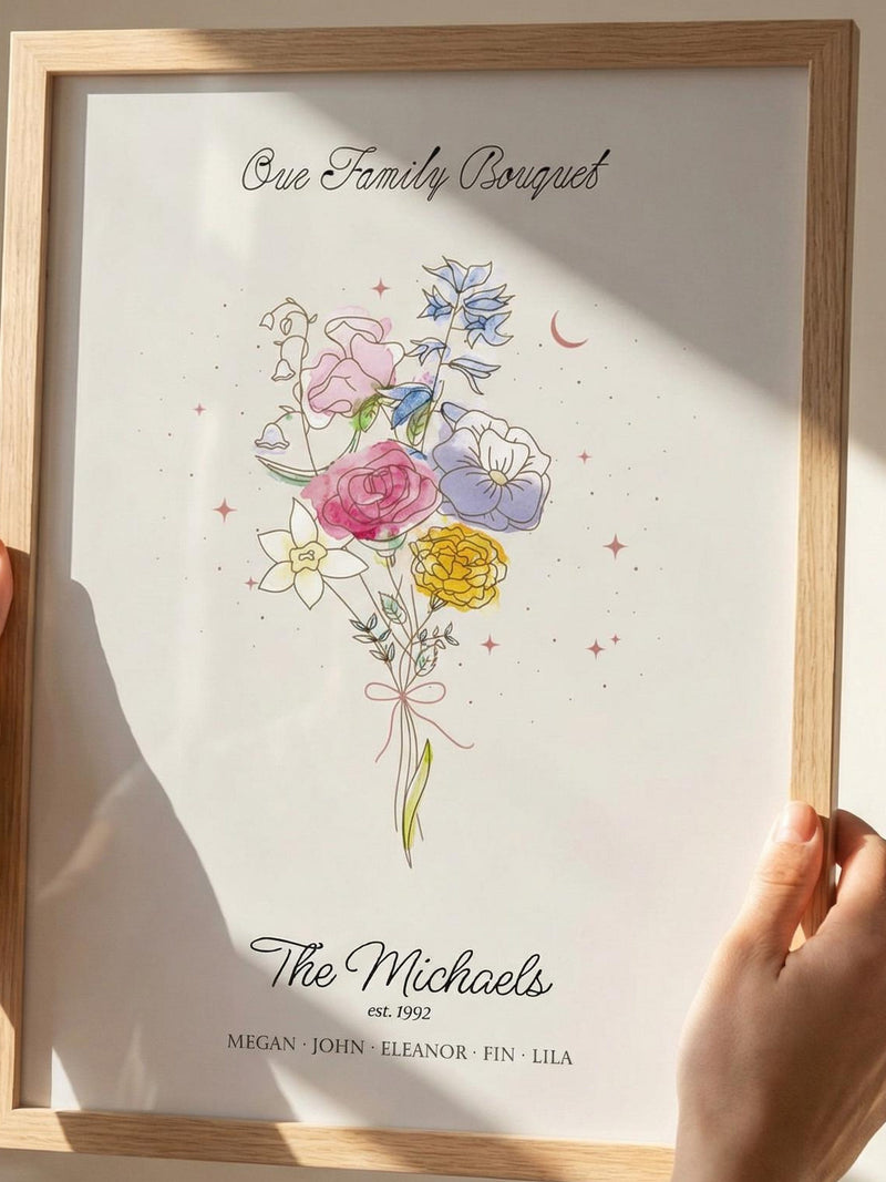 Custom Birth Flower Family Print | Celestial Watercolor Bouquet with Names Bouquet