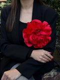 Extra Oversized Red Flower Brooch - Large Satin Rose Brooch - Handmade Satin Statement Pin for Blazers, Oversized Floral Accessory silk flower