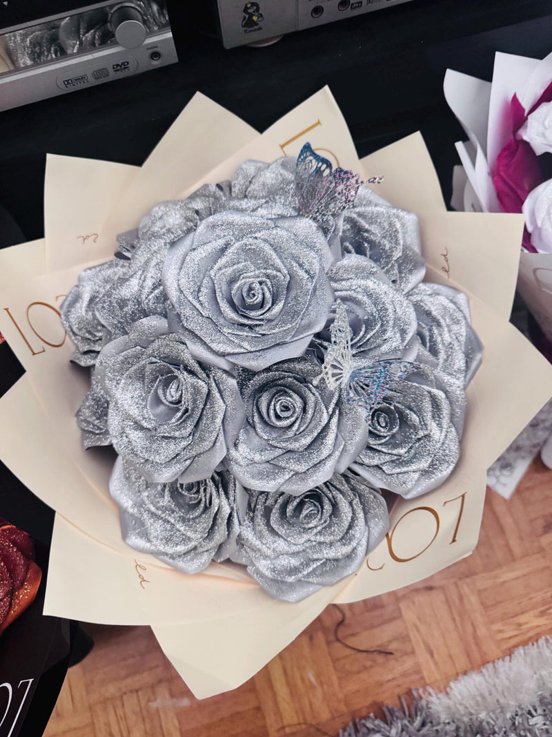 Glittered Ribbon Rose Bouquet Ð Artificial Flowers, Keepsake Celebration Arrangement FLOWER DELIVERY
