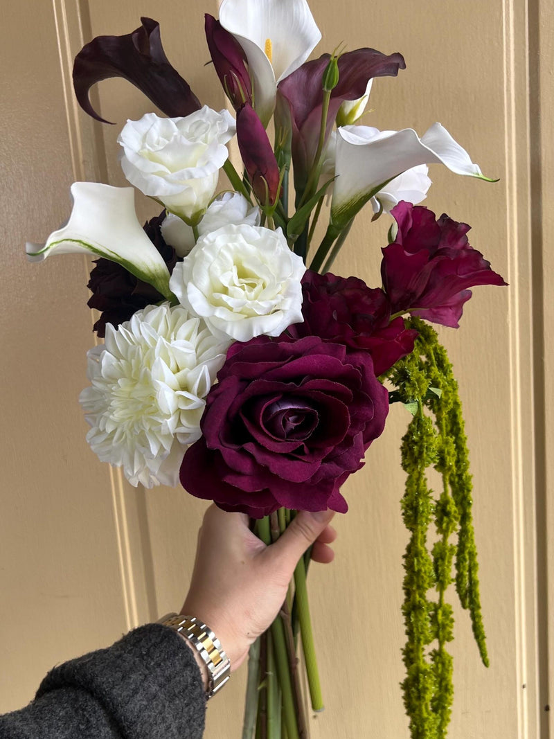 White Burgundy Maroon Silk Flower Bridal Bouquet: Dahliah, Rose, Lisianthus, Calla Lilies, Anthurium Cascading Orchid Amaranthus Bouquet