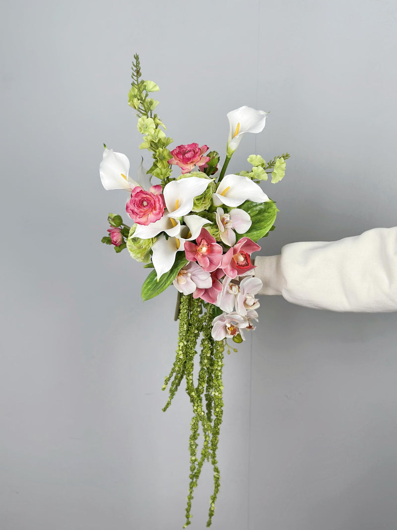Pink and White Asymmetrical Wedding Bouquet, Morden Bridal Bouquet, Made with Anthurium, Orchid, Calla Lily, Ranunculus and Amaranthus silk flower