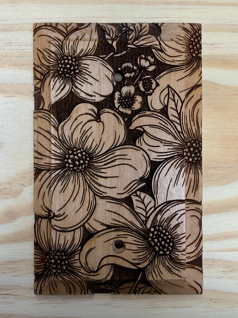 Wooden dogwood flower engraved blank lightswitch or outlet cover - floral wall plate - Cornus florida house warming flower