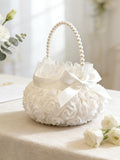 White Flower Girl Baskets with Pearl Handle, Rustic Wedding Flower Girl Basket, Wedding Accessoiries for Flower Girls, Weddings, and Parties wedding flower