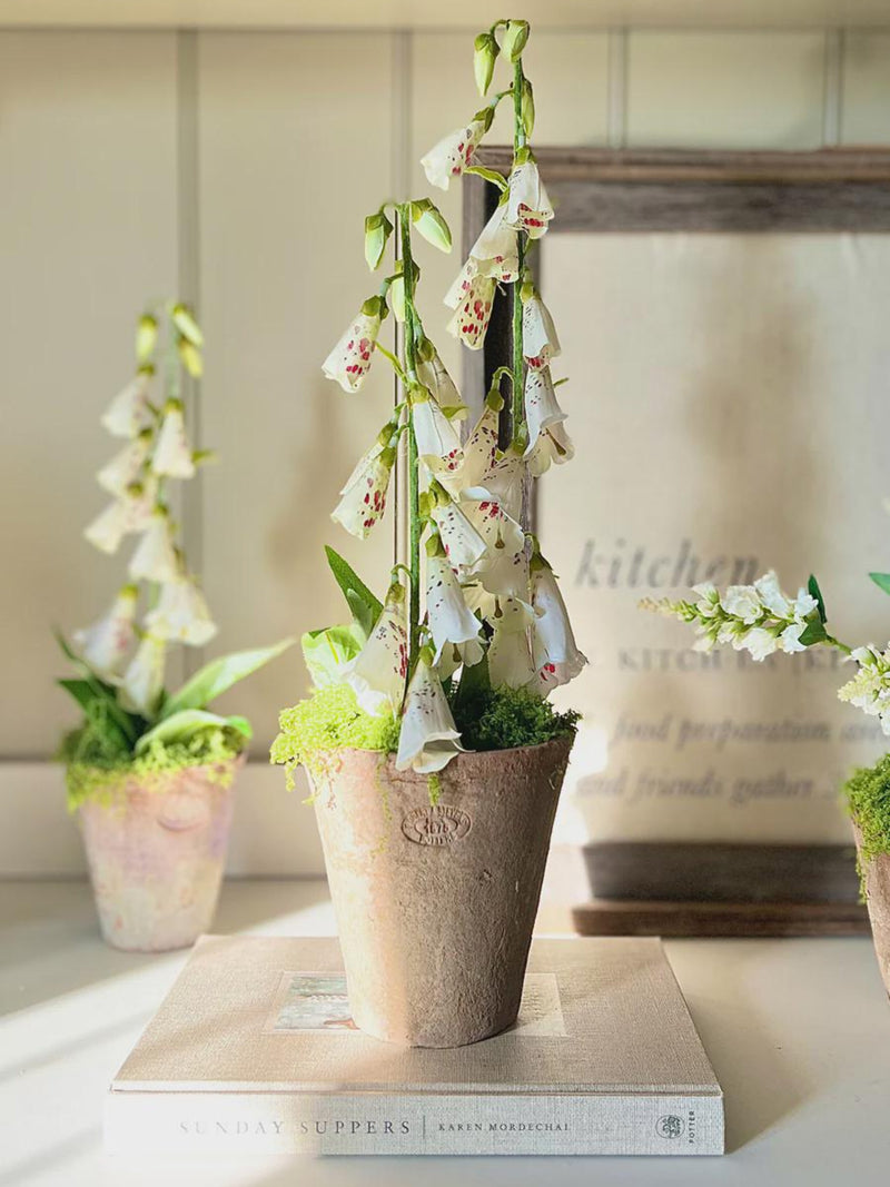 Faux Foxgloves In Med Aged Terracotta Pot With Moss faux plants