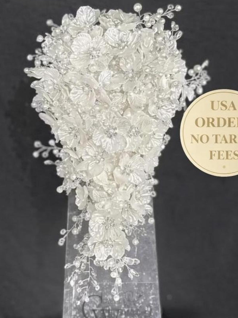 Ivory bridal bouquet with pearl and crystal rhinestone floral clusters, silver accents