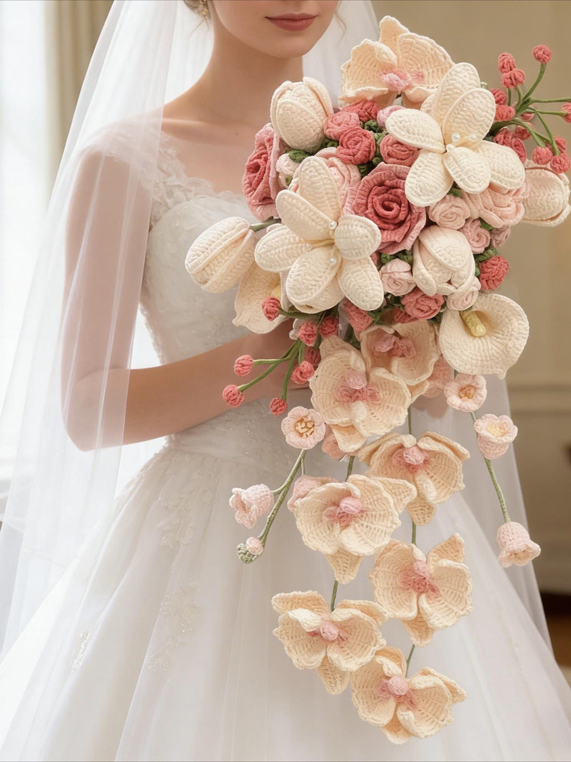 Crochet Cascading Bridal Bouquet - Handmade Plush Wedding Bouquet, Gift for Bride, Friend, Engagement Bouquet
