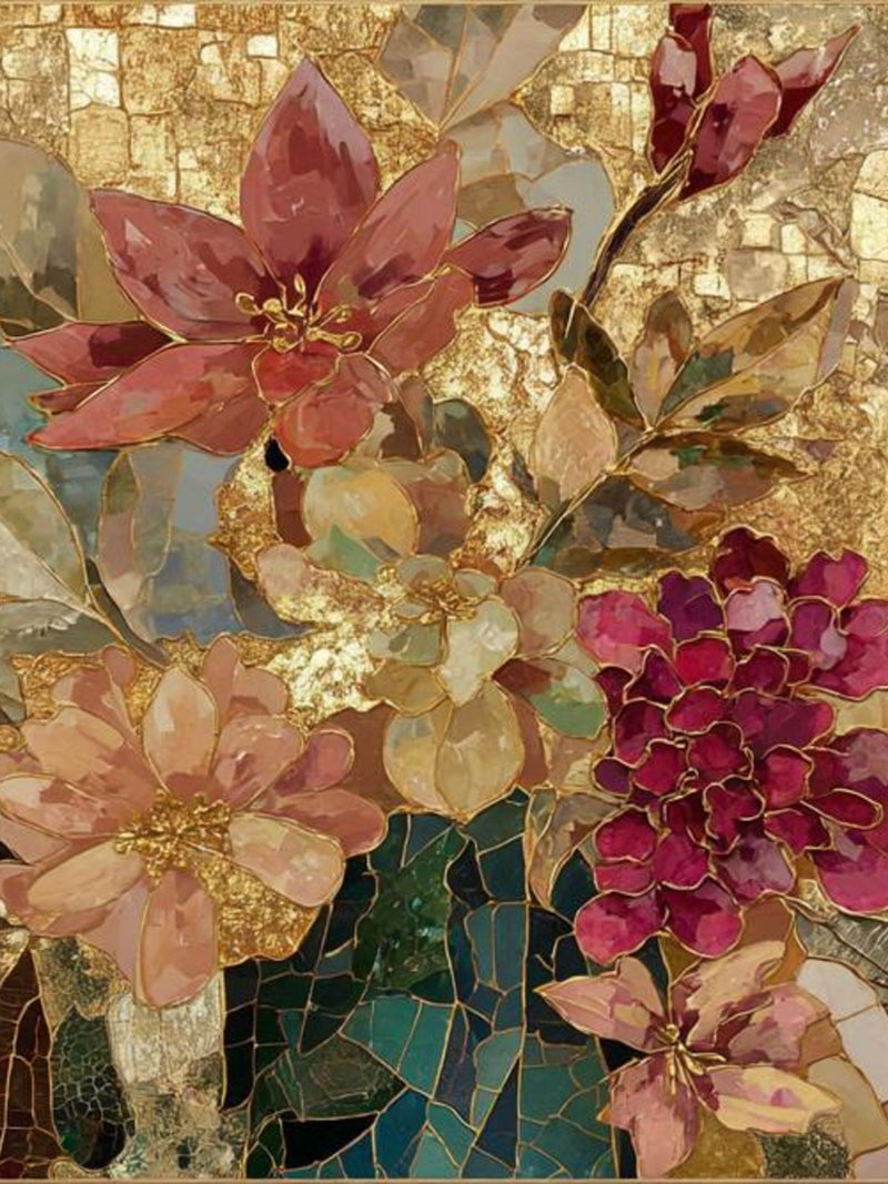 Floral Gold Painting Original, Colorful Flower Wall Art, Luxury Canvas Art, Large Statement Artwork, Botanical Decor, Gold Leaf Art ANNIVERSARY