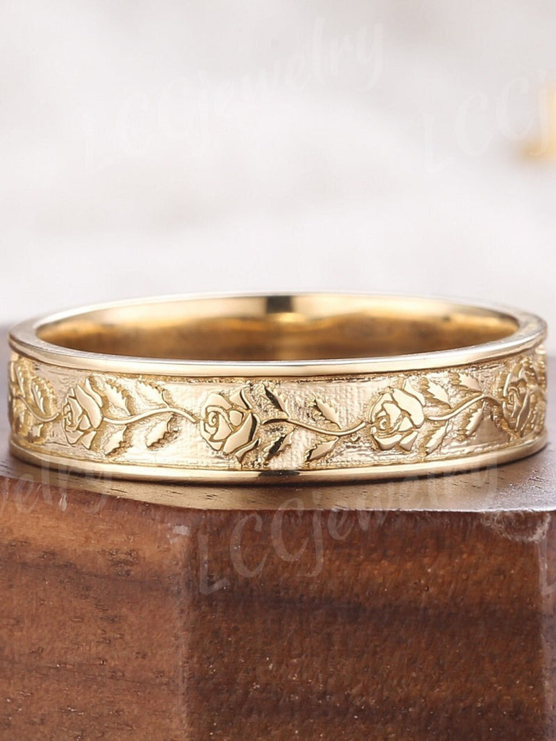 5mm Vintage Unisex Rose Floral Wedding Band Gold Nature Inspired Engagement Ring June Birth Flower Couple Rings For Women Anniversary Gift ANNIVERSARY