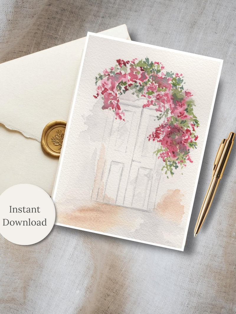 Printable New Home Card  Watercolor Floral Door Welcome Greeting  Realtor Housewarming Gift  Hand Painted Flower Stationery Digital Download house warming flower