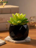 Faux Succulent Plant | Black Geometric Pot Decor | Artificial Desk Greenery faux plants