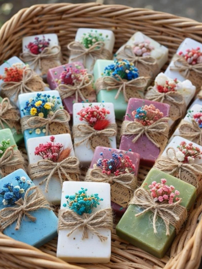 Assorted pastel mini vegan soaps with pressed flower tops, tied with twine in a basket