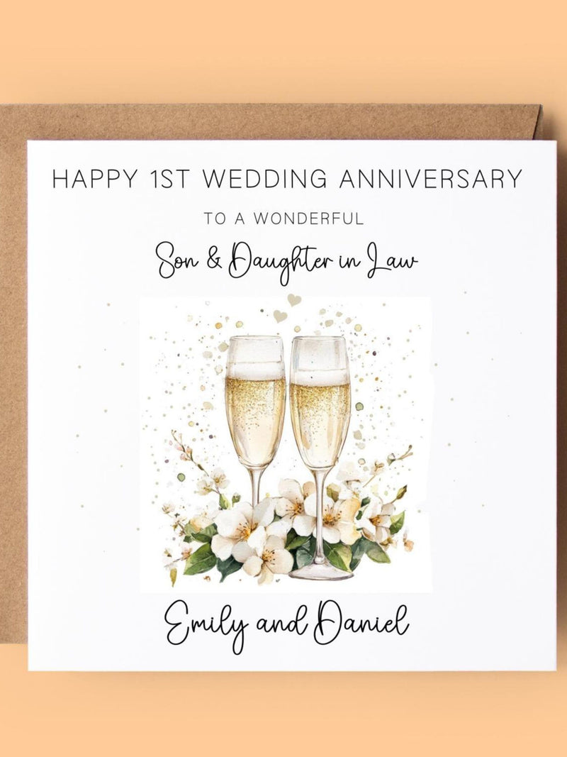 Personalised Son & Daughter-in-Law Anniversary Card: Champagne Glasses, Flowers ANNIVERSARY
