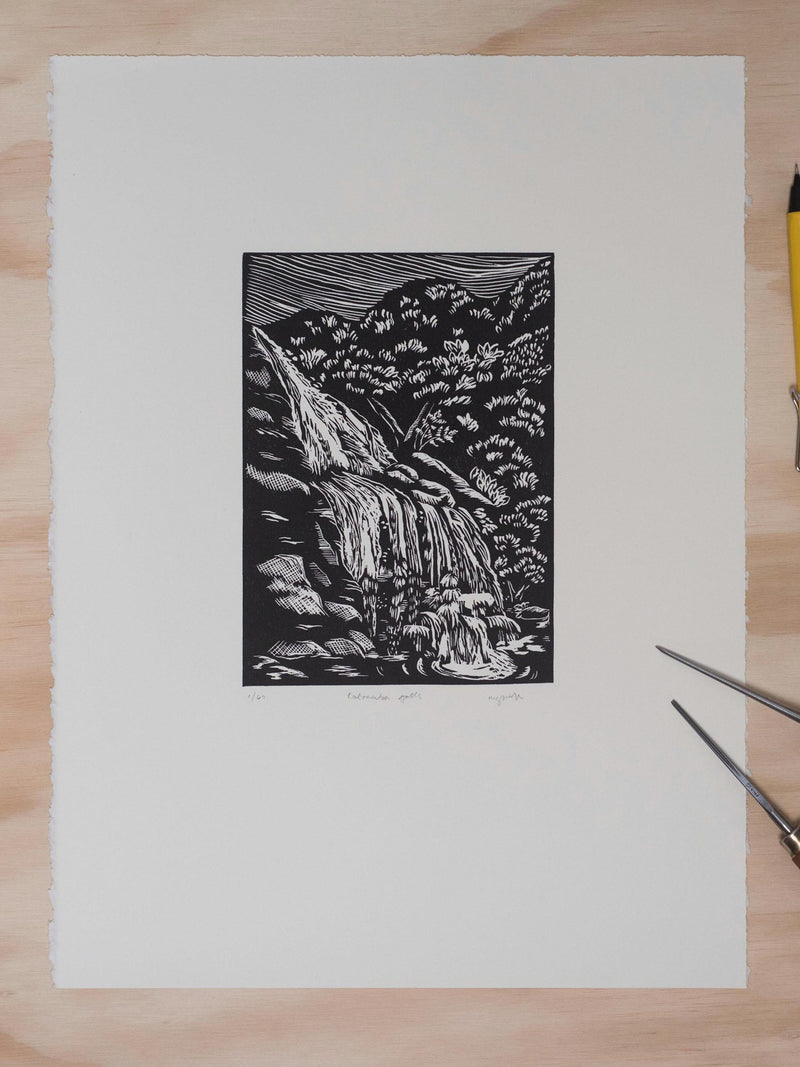 Katoomba Falls Waterfall Lino Print, Blue Mountains Art, Original  landscape print, house warming gift, Australian bush house warming flower
