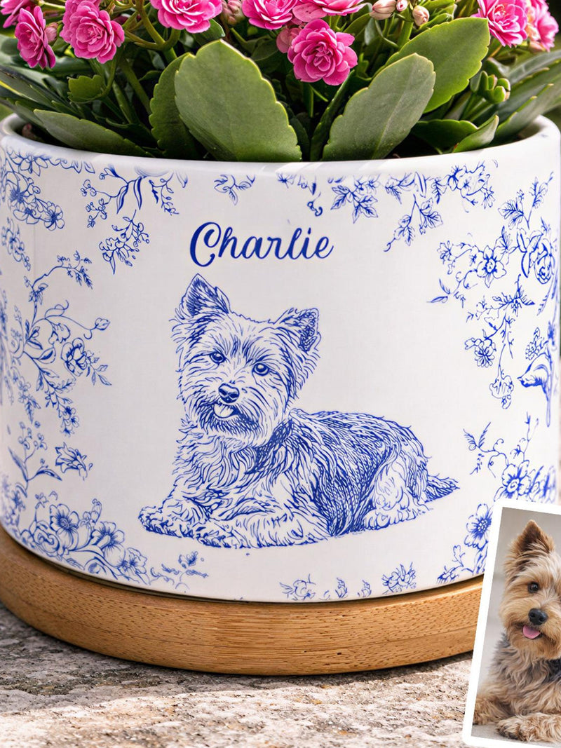 Toile De Jouy Flower Pet Photo, Custom Pet Flower Pot, Personalized Pet Memorial Planter, Dog Loss Remembrance Gift, Dog Lover, Dog Mom Gift sympathy flower