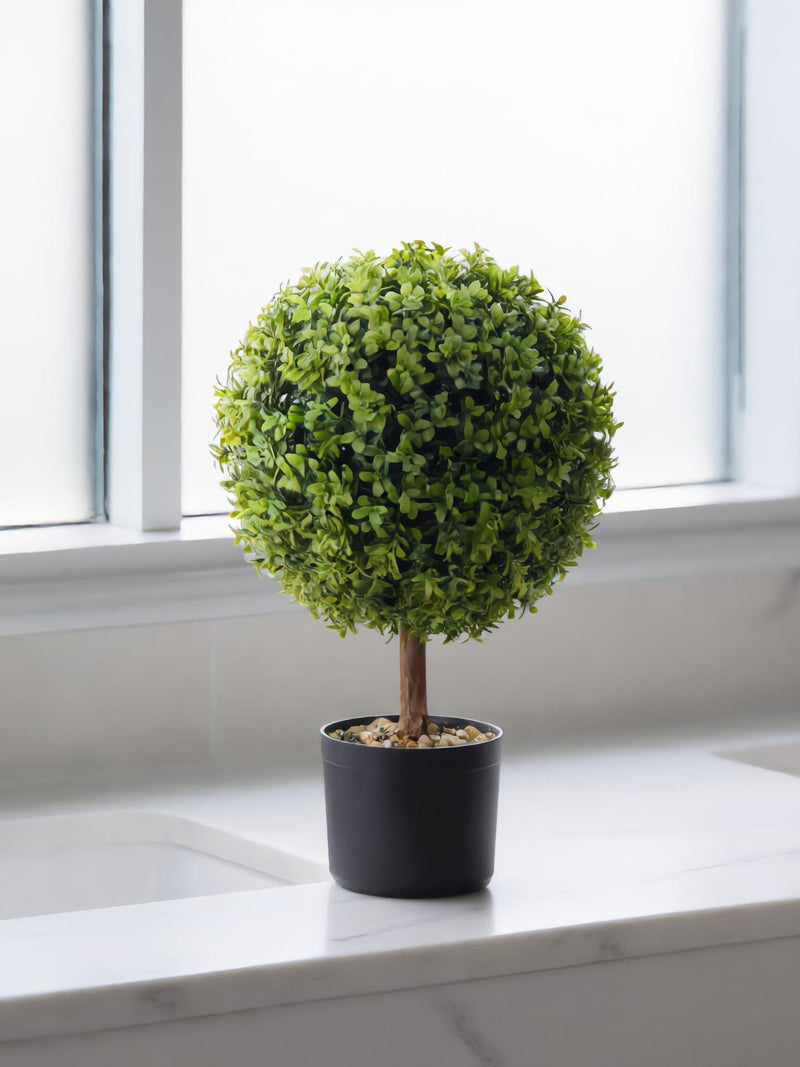 Artificial Boxwood Topiary Tree 24 Inch Tall | Spiral or Ball Shape | Indoor Outdoor Faux Plant | UV Resistant PE | Potted Decorative Green faux plants