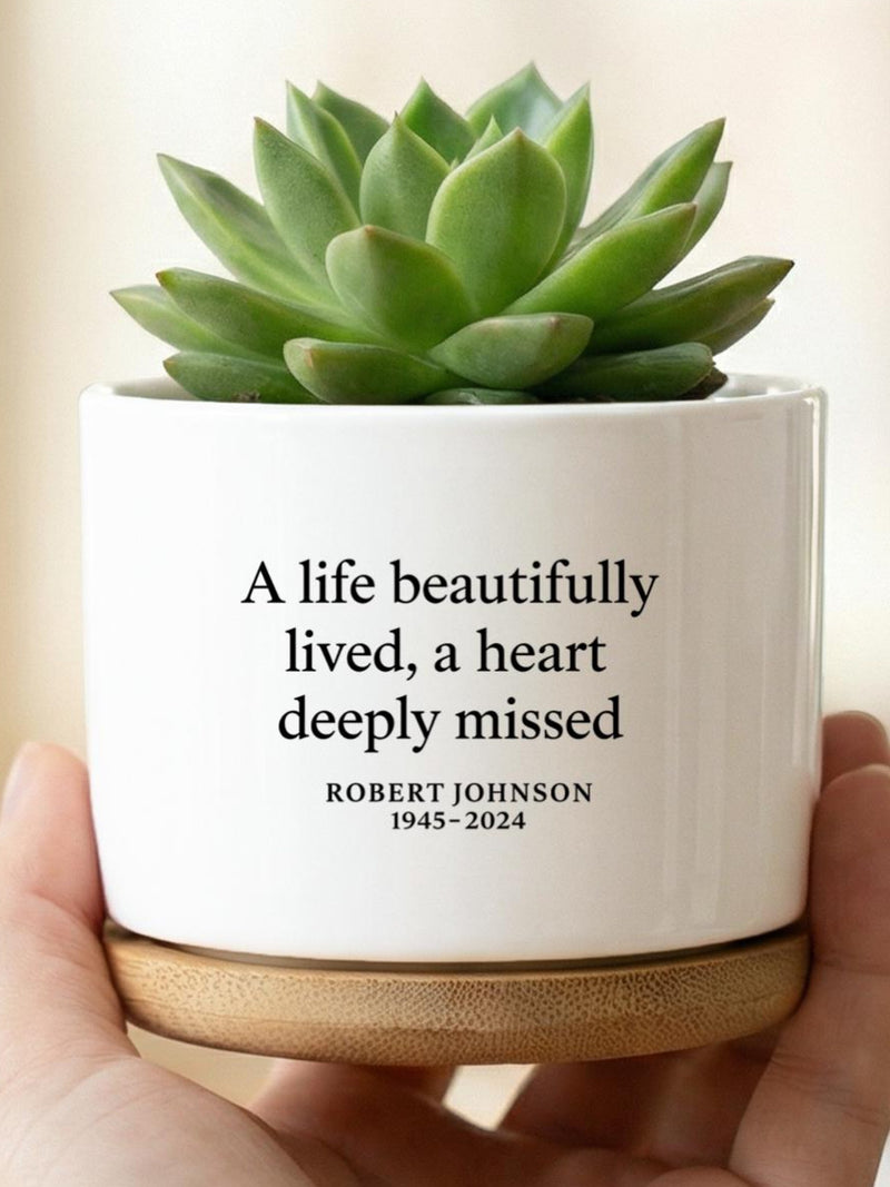 Personalized Memorial Planter Pot With Quote, Ceramic Succulent Pot With Wood Base, Sympathy Gift, In Loving Memory Bereavement Keepsake sympathy flower