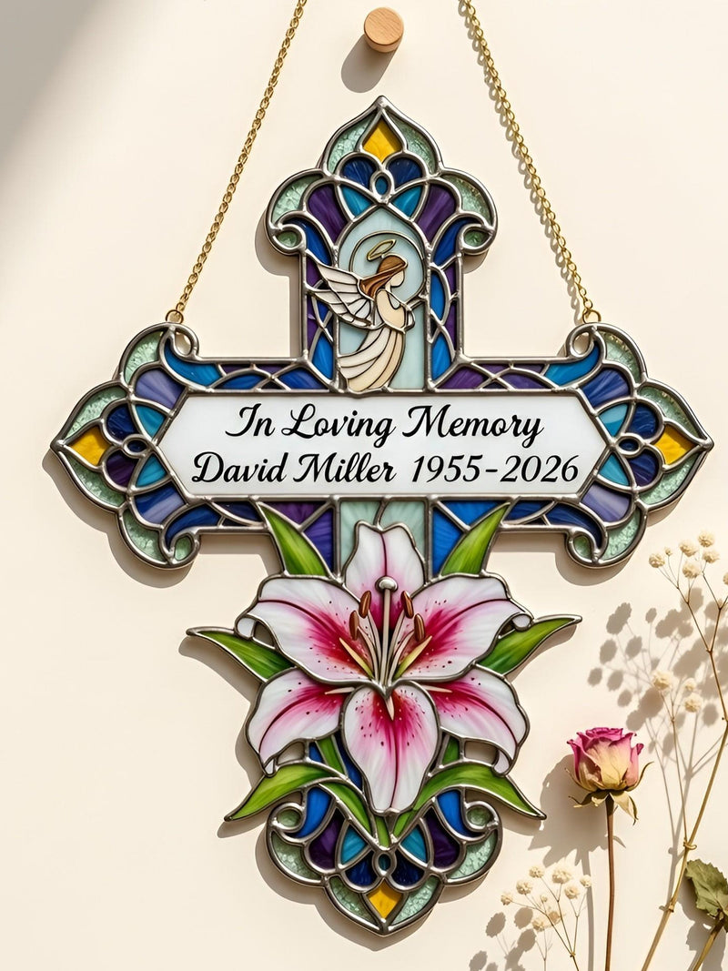 Angel Memorial Cross Suncatcher, Lily Flower Sympathy Gift, Personalized In Loving Memory Decor sympathy flower
