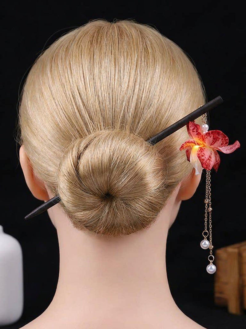 Silk Flower Wooden Hairpin,Glowing Lantern Hairpin,Gift, Ancient Style Coiled Hair Stick,Medieval Lantern Hair Stick with LED Light, silk flower