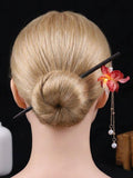 Silk Flower Wooden Hairpin,Glowing Lantern Hairpin,Gift, Ancient Style Coiled Hair Stick,Medieval Lantern Hair Stick with LED Light, silk flower