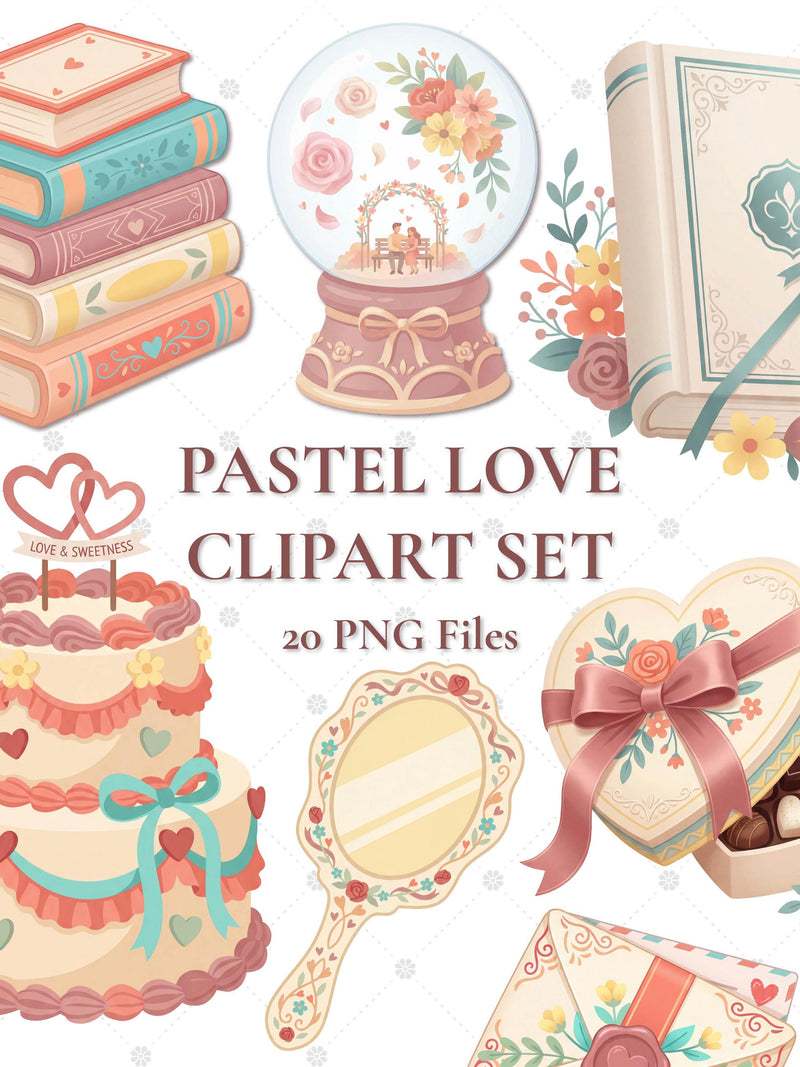 Pastel Love Clipart Set, Romantic Floral PNG Bundle, Bookish Wedding Clipart, Soft Vintage Illustrations, Romantic Floral Clipart Bundle Love Romance Flower