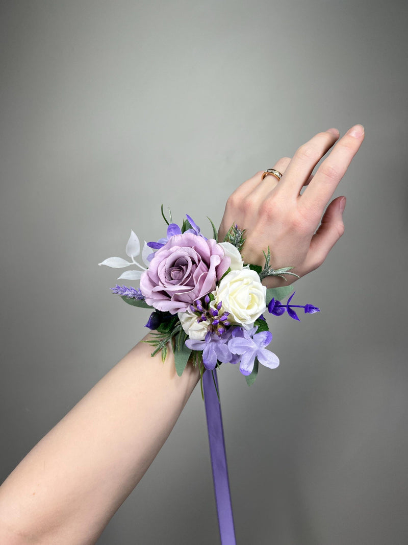 Lavender Wrist Corsage, Wedding Light Purple White Bridesmaid Corsage, Lilac Prom Corsage silk flower