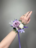 Lavender Wrist Corsage, Wedding Light Purple White Bridesmaid Corsage, Lilac Prom Corsage silk flower